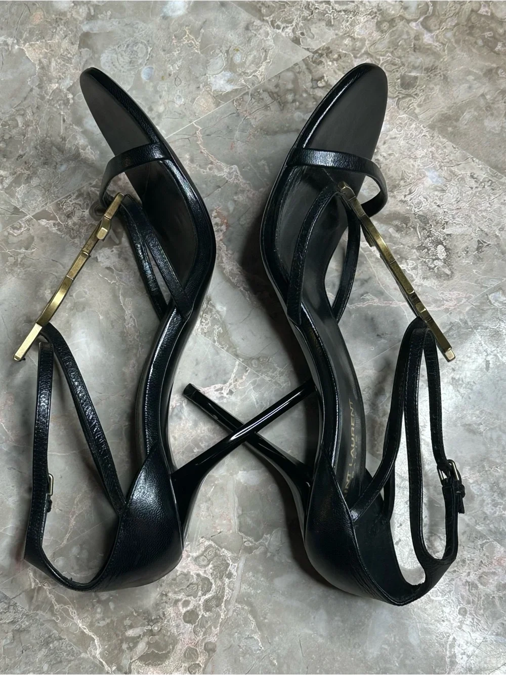 Saint Laurent Black Leather Heeled Sandals with Gold YSL Monogram - Picture 11 of 16